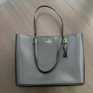 Kate Spade New York black leather zip top tote with ribbon accessory! NWOT.